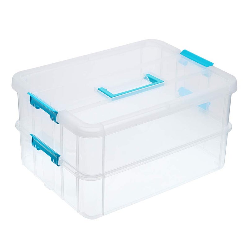 BTSKY 2 Layer Stack & Carry Box, Plastic Multipurpose Portable Storage Container Box Handled Organizer Storage Box for Organizing Stationery, Sewing, Art Craft, Jewelry and Beauty Supplies Blue - Image 1